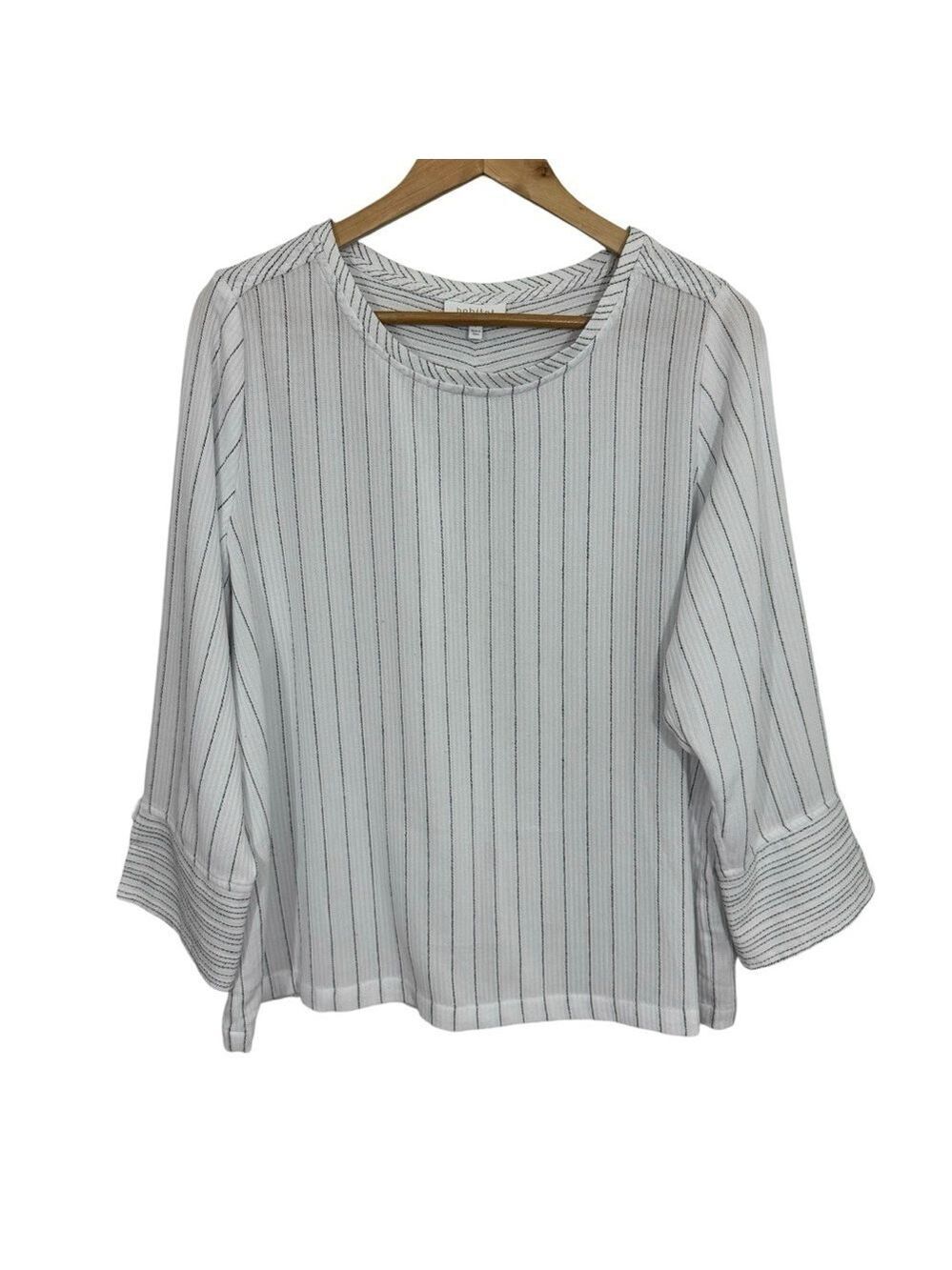 Habitat Striped Top Womens L White Black Blouse Short Relaxed Fit Shirt EUC